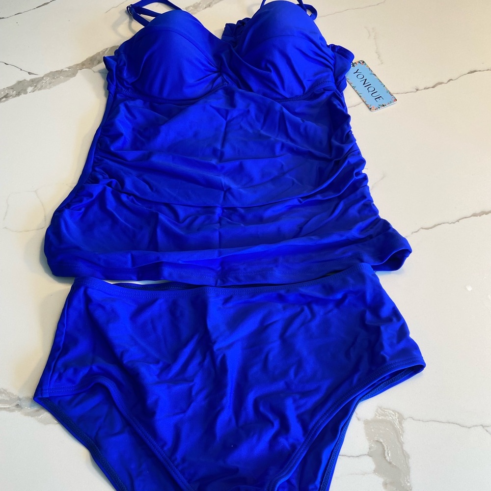 Size Small electric blue tankini bathing suit top with high waisted bottoms